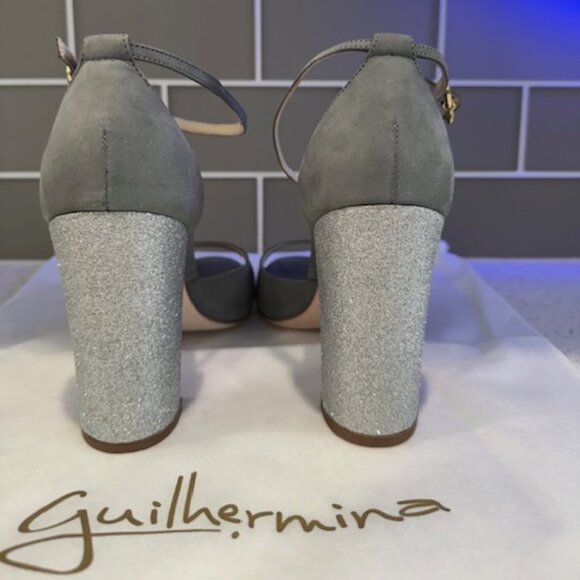 Guilhermina Grey Suede & Glitter Ankle-Strap Open-Toe Pumps in Size 41 - Picture 3 of 9